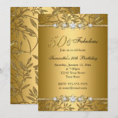 Gold Jewel Leaf 50 Fabulous Birthday Invitation Kaart (Voorkant / Achterkant)
