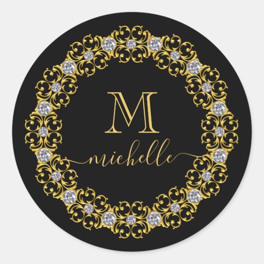 Gold Jewel Lijst Monogram Naam Klassieke ronde Sti Ronde Sticker (Voorkant)