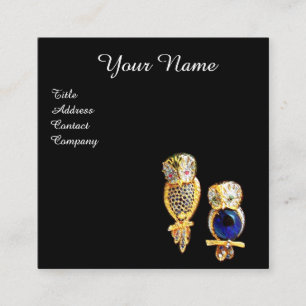 GOLD JEWEL OWLS Monogram, Blue Sapphire Topaz, Bla Vierkante Visitekaartje
