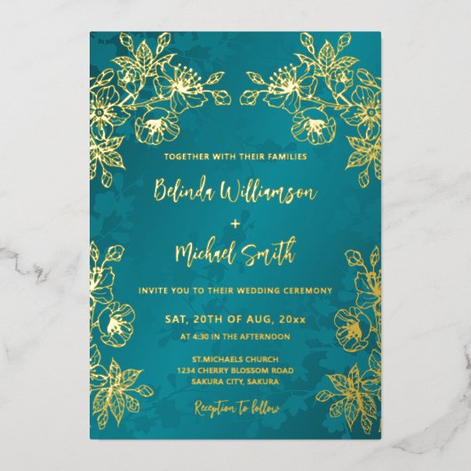 Gold Jewel Tone Floral Wedding Folie Uitnodiging (Voorkant)