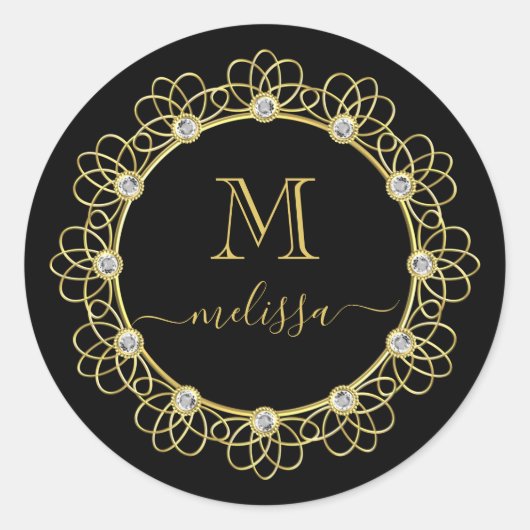 Gold Jeweled Lijst monogram met naam Classic Roun Ronde Sticker (Voorkant)