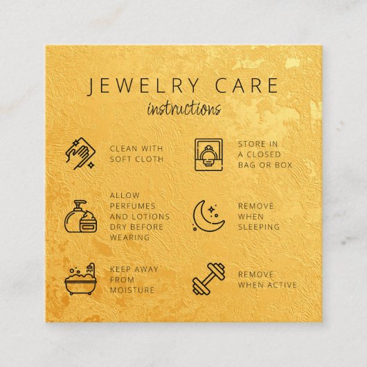 Gold Jewelry Care Instructions Business Bedankt Informatiekaartje (Voorkant)