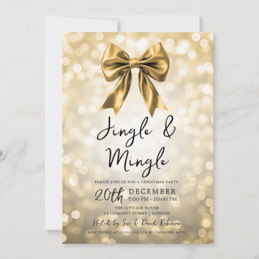 Gold Jingle & Mingle Christmas Party Bow & Lights Kaart (Voorkant)