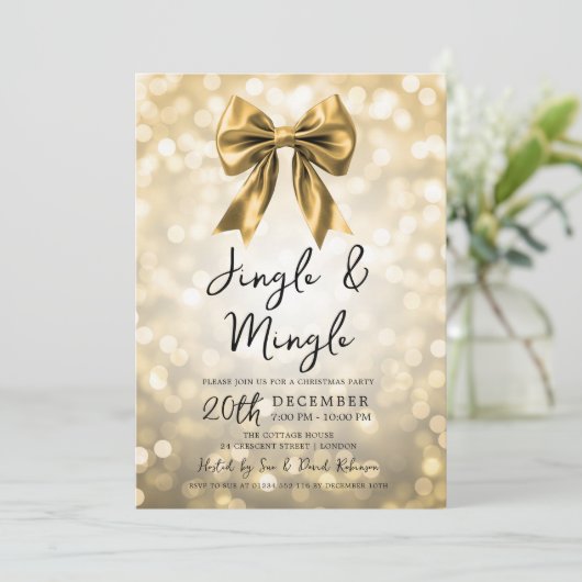 Gold Jingle & Mingle Christmas Party Bow & Lights Kaart (Staand voorkant)