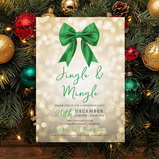 Gold Jingle Mingle Christmas Party Green Bow Kaart
