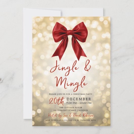 Gold Jingle Mingle Christmas Party Red Bow Lights Kaart (Voorkant)