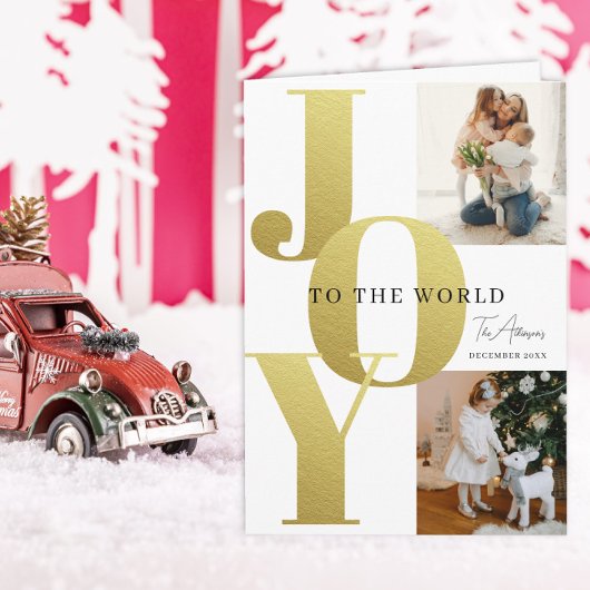Gold JOY 2 Photo Holiday Card Custom Family Kaart