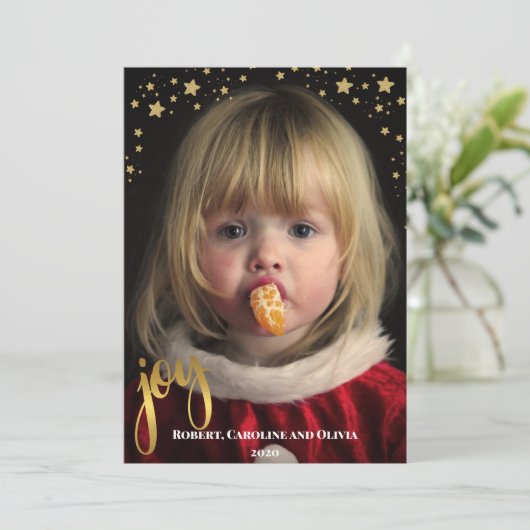 Gold JOY en Stars | Foto Holiday Kaart (Staand voorkant)