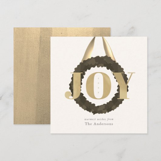 Gold JOY Green Wreath Square Kerstvakantie Feestdagenkaart (Voorkant / Achterkant)