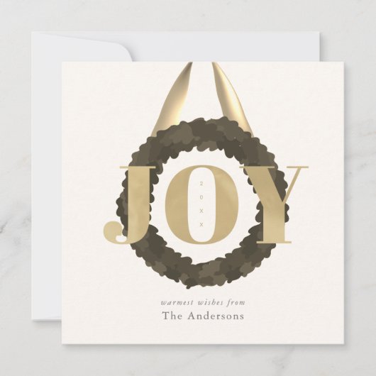 Gold JOY Green Wreath Square Kerstvakantie Feestdagenkaart (Voorkant)