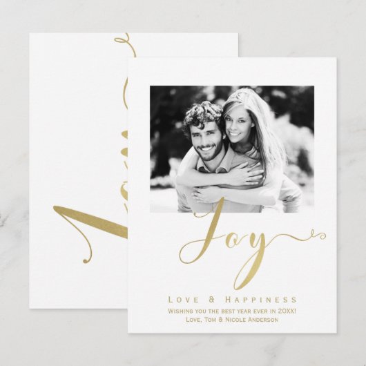 Gold JOY Holiday New Years Moderne Moderne Fotouit Uitnodiging Briefkaart (Voorkant / Achterkant)