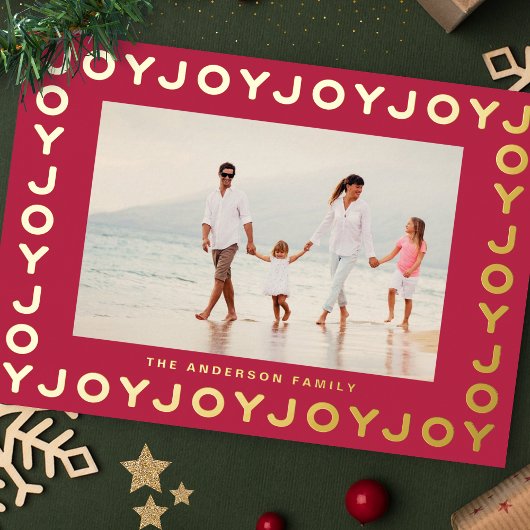 Gold JOY | Kerstfoto RED Magenta-Lijst Folie Feestdagenkaart