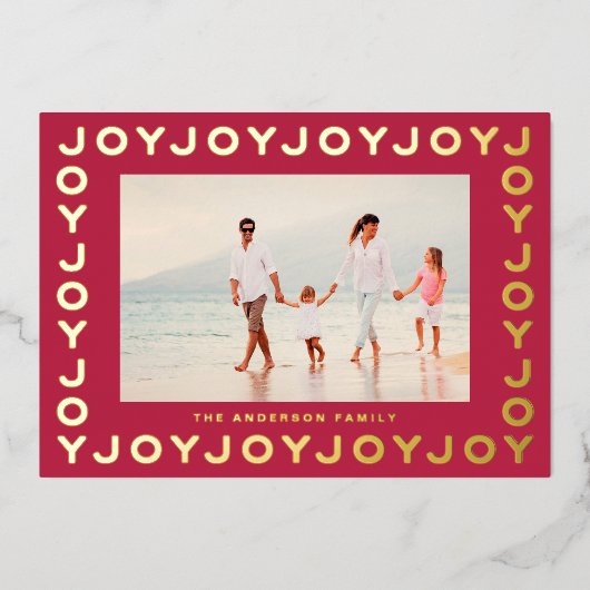 Gold JOY | Kerstfoto RED Magenta-Lijst Folie Feestdagenkaart (Voorkant)