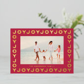 Gold JOY | Kerstfoto RED Magenta-Lijst Folie Feestdagenkaart (Staand Voorkant)