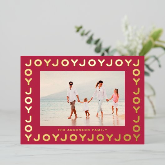 Gold JOY | Kerstfoto RED Magenta-Lijst Folie Feestdagenkaart (Staand Voorkant)