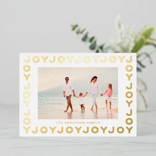 Gold JOY Kerstfoto Wit Lijst Folie Feestdagenkaart (Staand Voorkant)