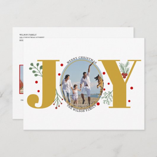 Gold Joy met kerstfeestfoto's met bessen Briefkaart (Voorkant / Achterkant)