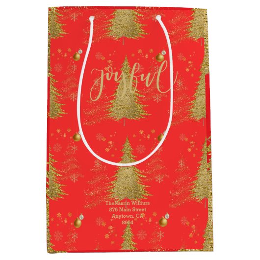 Gold JOYFUL on Red Christmas Medium Cadeauzakje (Voorkant)