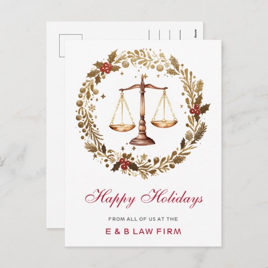 Gold Justice Scale Holly Wreath Lawyer Kerstmis Feestdagenkaart (Voorkant / Achterkant)