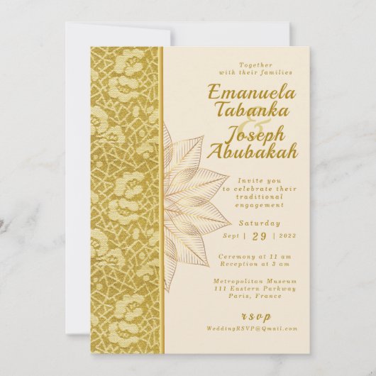 Gold Kente bruiloft uitnodiging met bloem Details (Voorkant)