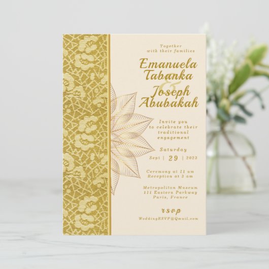 Gold Kente bruiloft uitnodiging met bloem Details (Staand voorkant)
