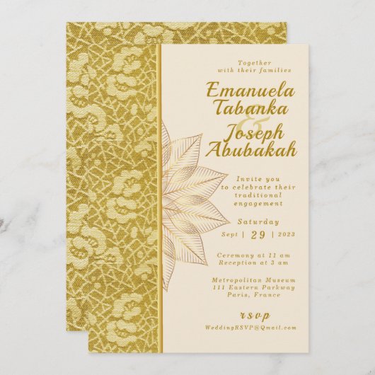 Gold Kente bruiloft uitnodiging met bloem Details (Voorkant / Achterkant)