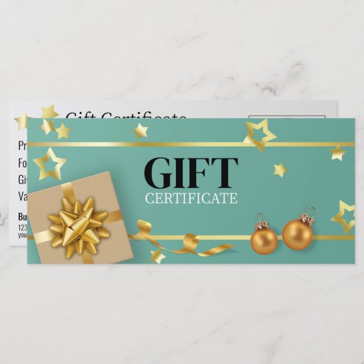 Gold-kerstbal Blauwgroen Stars-kaart met kaartjes  (Voorkant / Achterkant)