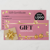 Gold-kerstbal roze ribbon-kaartje (Voorkant / Achterkant)