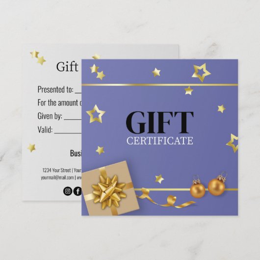 Gold kerstbal-staart lint blauw cadeaukaartje (Voorkant / Achterkant)