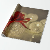 Gold kerstballen, String Lights, Red Bow Holiday Cadeaupapier (Uitgerold)