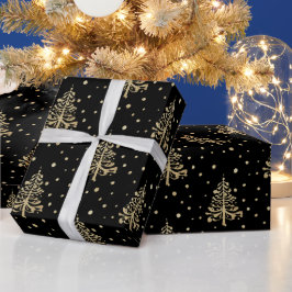 Gold kerstbomen Gold Falling Snow Black Cadeaupapier