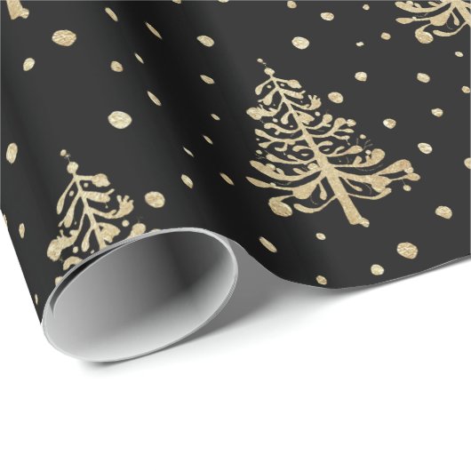 Gold kerstbomen Gold Falling Snow Black Cadeaupapier (Rol Hoek)