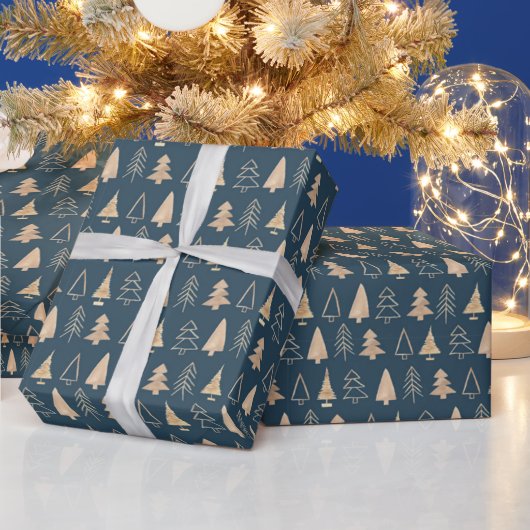 Gold kerstbomen, Midnight Blue Wrapping Paper Cadeaupapier (Feestdagen)