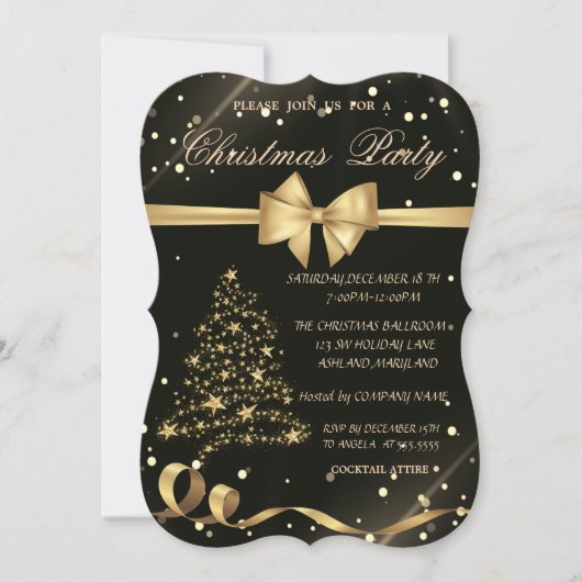 Gold Kerstboom, Bow, Zwarte Kerstfeest Kaart (Voorkant)