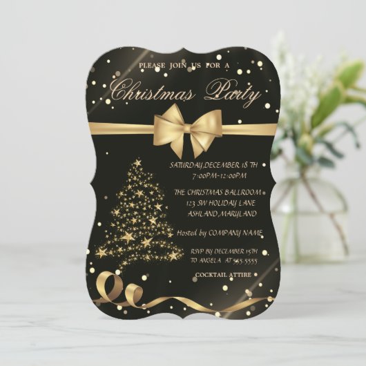 Gold Kerstboom, Bow, Zwarte Kerstfeest Kaart (Staand voorkant)