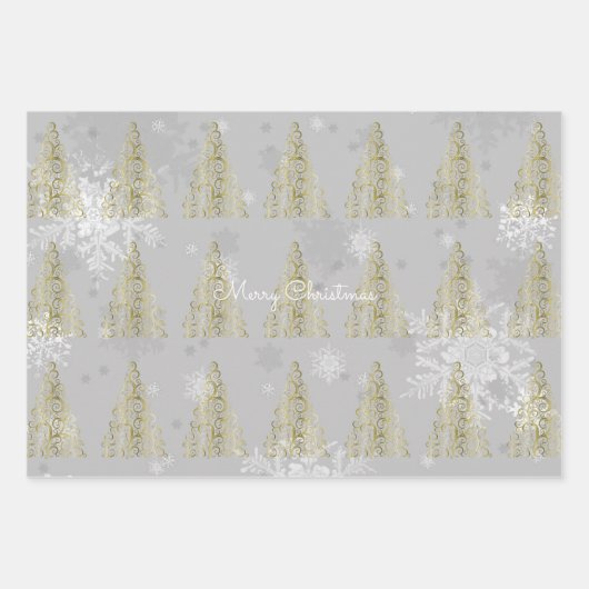 Gold kerstboom en snowflakes omslagpapier inpakpapier vel (Voorkant 3)