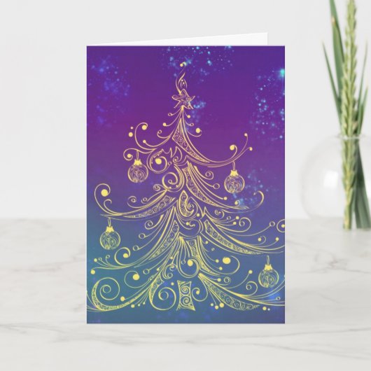 Gold Kerstboom Motif Paars Blauwgroen Feestdagen Kaart (Voorkant)