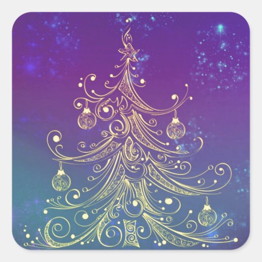 Gold Kerstboom Motif Paars Blauwgroen Vierkante Sticker (Voorkant)