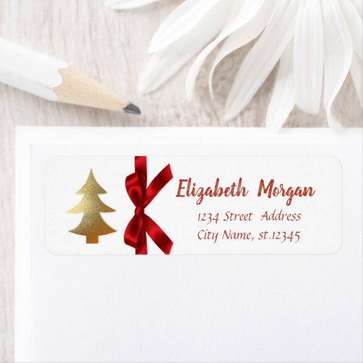 Gold kerstboom, Red Bow, feestdag Etiket (Insitu)