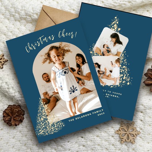 Gold kerstboom Twee Foto 2022-feestdag Feestdagenkaart