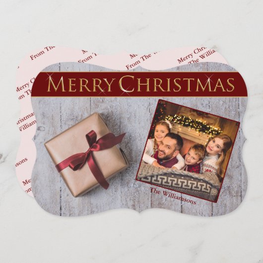 Gold kerstcadeautje Snowy Deck Fancy Knip Foto Feestdagenkaart (Voorkant / Achterkant)