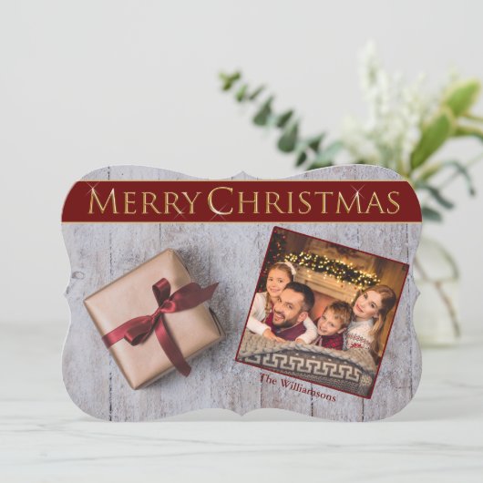 Gold kerstcadeautje Snowy Deck Fancy Knip Foto Feestdagenkaart (Staand voorkant)