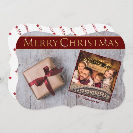 Gold kerstcadeautje Snowy Deck Fancy Knip Foto Feestdagenkaart (Voorkant / Achterkant)