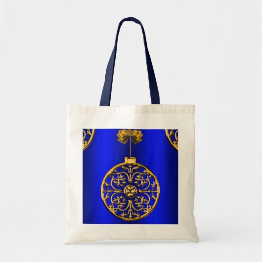 Gold kerstdecoratie op blauw tote bag (Voorkant)