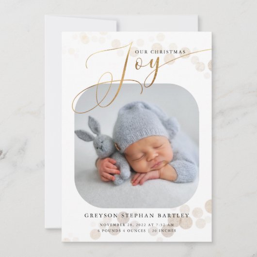 Gold Kerstfeest Joy Baby Foto Birth Aankondiging (Voorkant)