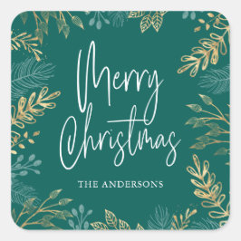 Gold kerstgroen op donkere Blauwgroen feestdag Vierkante Sticker