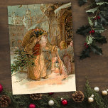 Gold  kerstman en Angel Feestdagenkaart<br><div class="desc">Oude kerstman in zwaar versierde gouden robes met geschenken en boom met gevlekte engel. Prachtige aanvullende afbeeldingen op de achterzijde met bewerkbare tekstvelden.</div>