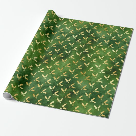 Gold Kerstmis Holly op groen Cadeaupapier (Uitgerold)