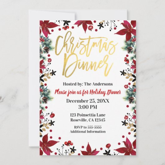 Gold Kerstmis met Poinsettia Holiday Floral Kaart (Voorkant)