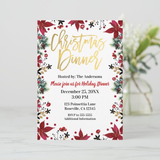 Gold Kerstmis met Poinsettia Holiday Floral Kaart (Staand voorkant)